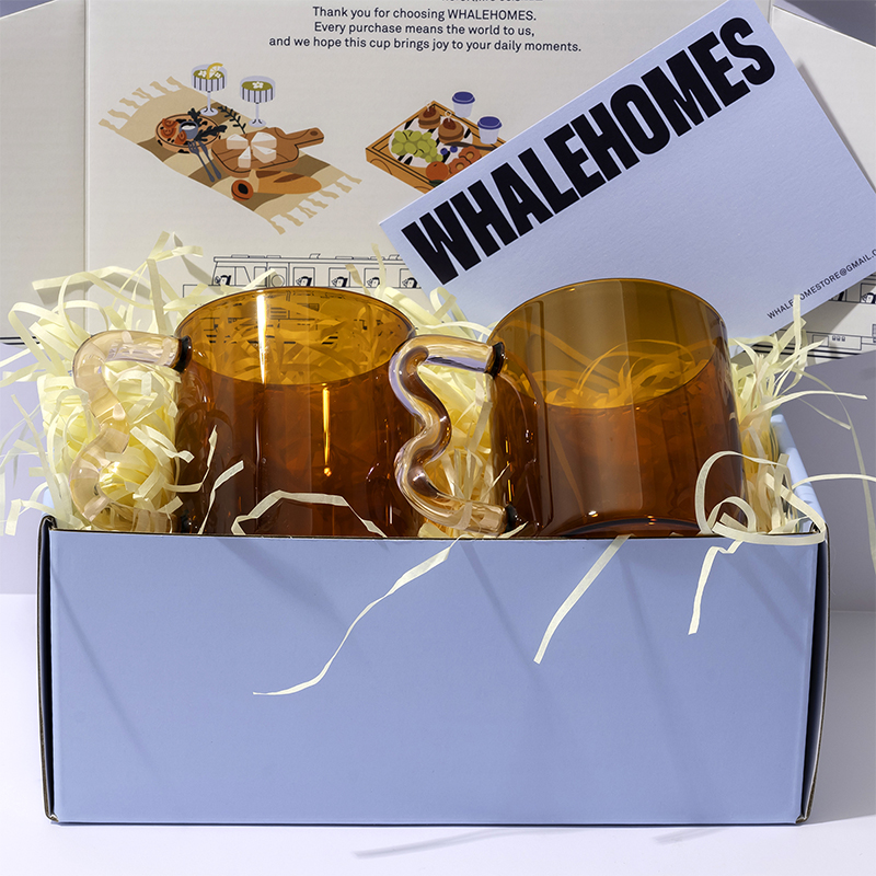 Amber Glass Cup with Pink Wavy Handle x 2