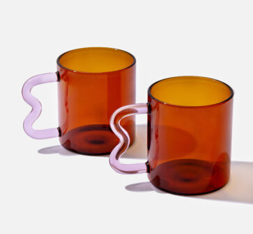 Amber Glass Cup with Pink Wavy Handle x 2