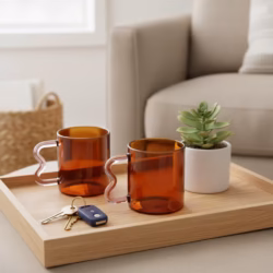 Amber Glass Mug with Wavy Handle Set of 2