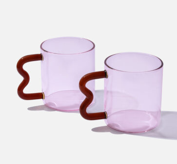 Pink Glass Cup with Red Wavy Handle x 2
