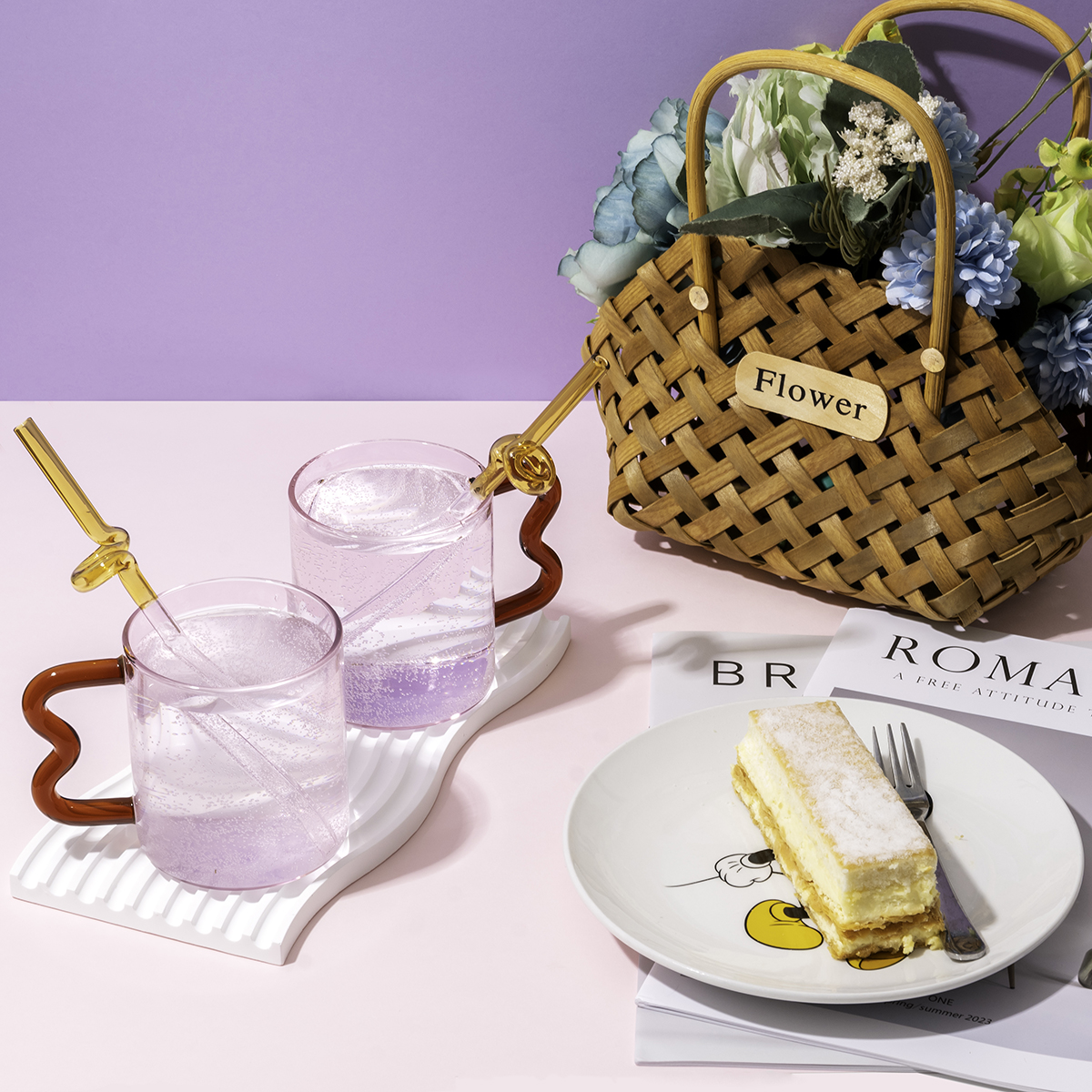 Pink Glass Cup with Amber Wavy Handle Lifestyle1