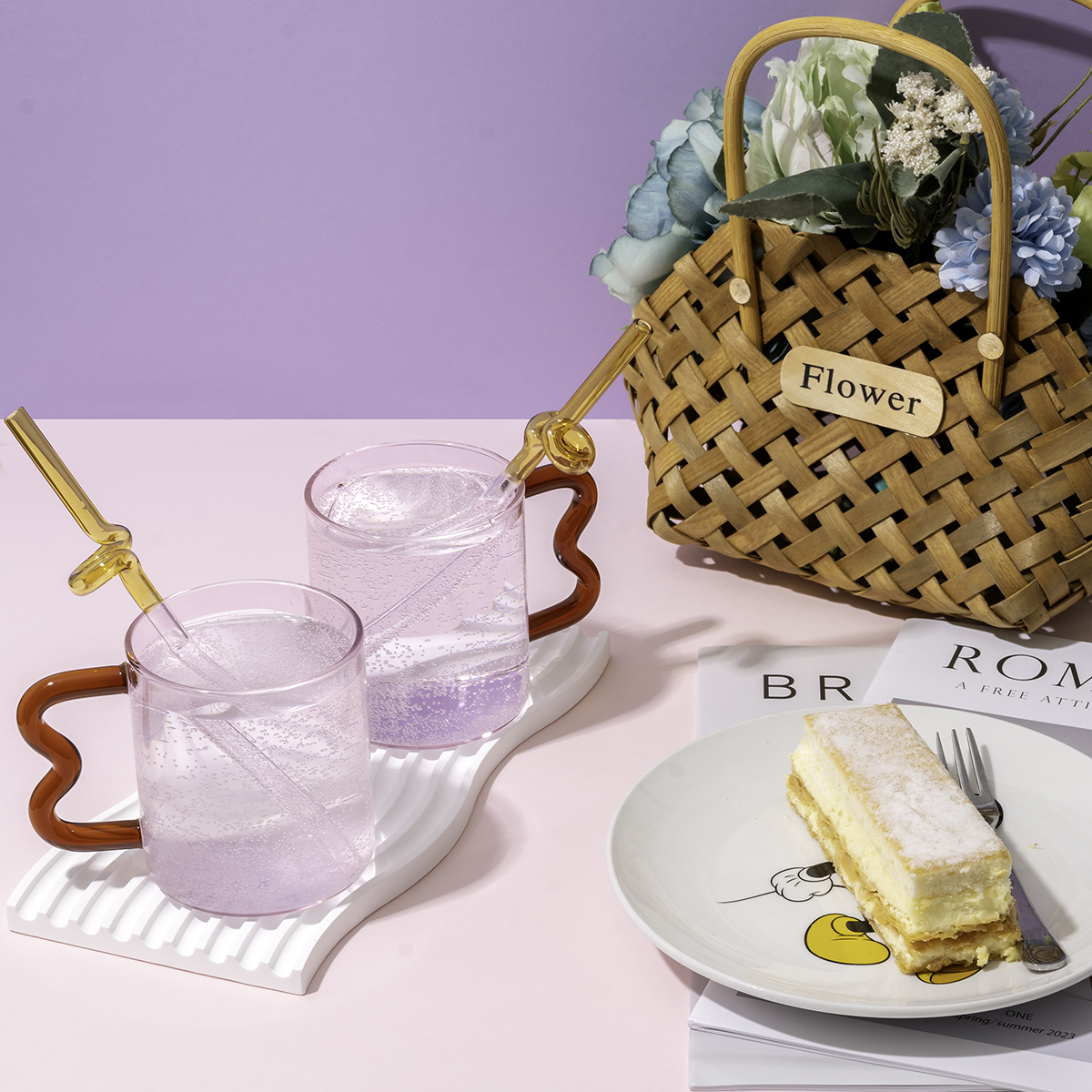 Pink Glass Cup with Amber Wavy Handle Lifestyle4