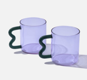 Purple Glass Cup with Teal Wavy Handle x 2