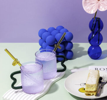 Purple Glass Cup with Teal Wavy Handle x 2