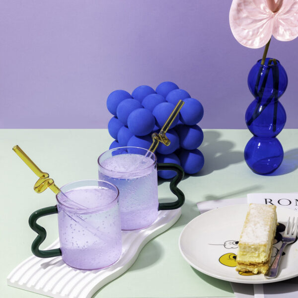 Purple Glass Cup with Teal Wavy Handle x 2