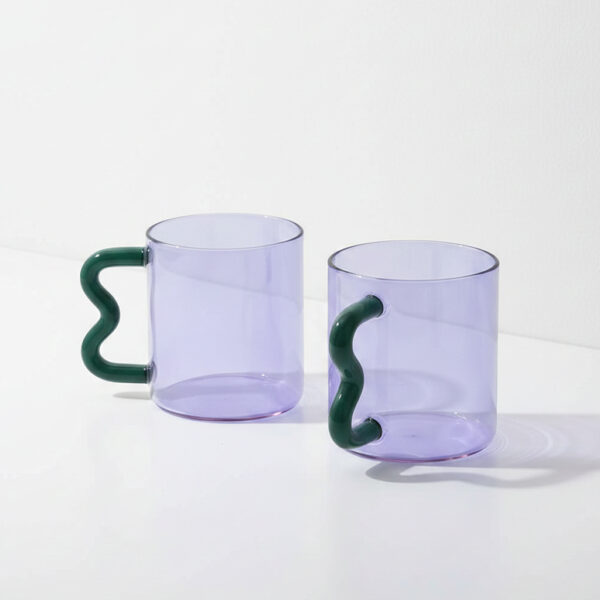 Purple Glass Mug with Wavy Handle Set of 2