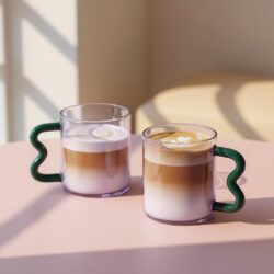 Purple Glass Mug with Wavy Handle Set of 2