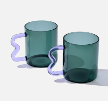 Teal Glass Cup with Purple Wavy Handle x 2