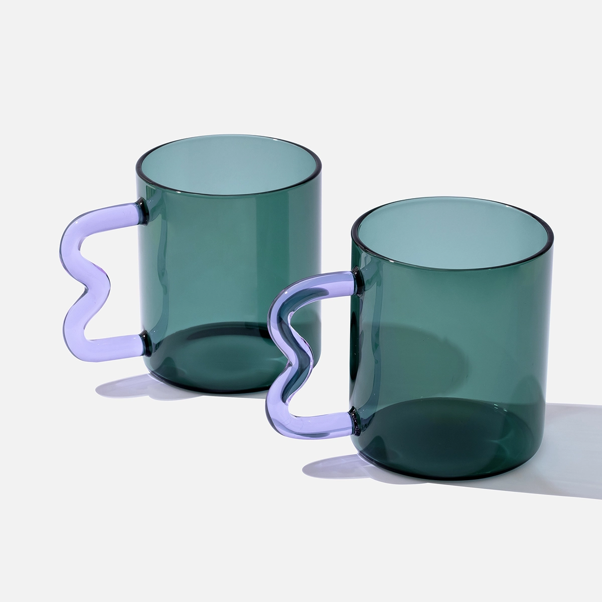 Teal Glass Mug with Purple Wavy Handle x 2