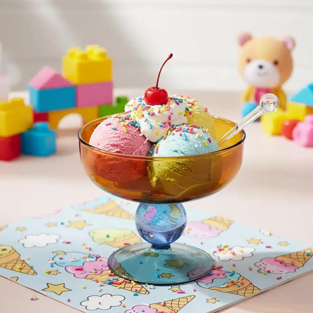 Three colorful ice cream scoops with sprinkles and a cherry in a glass dessert bowl on a kid-friendly table setting.