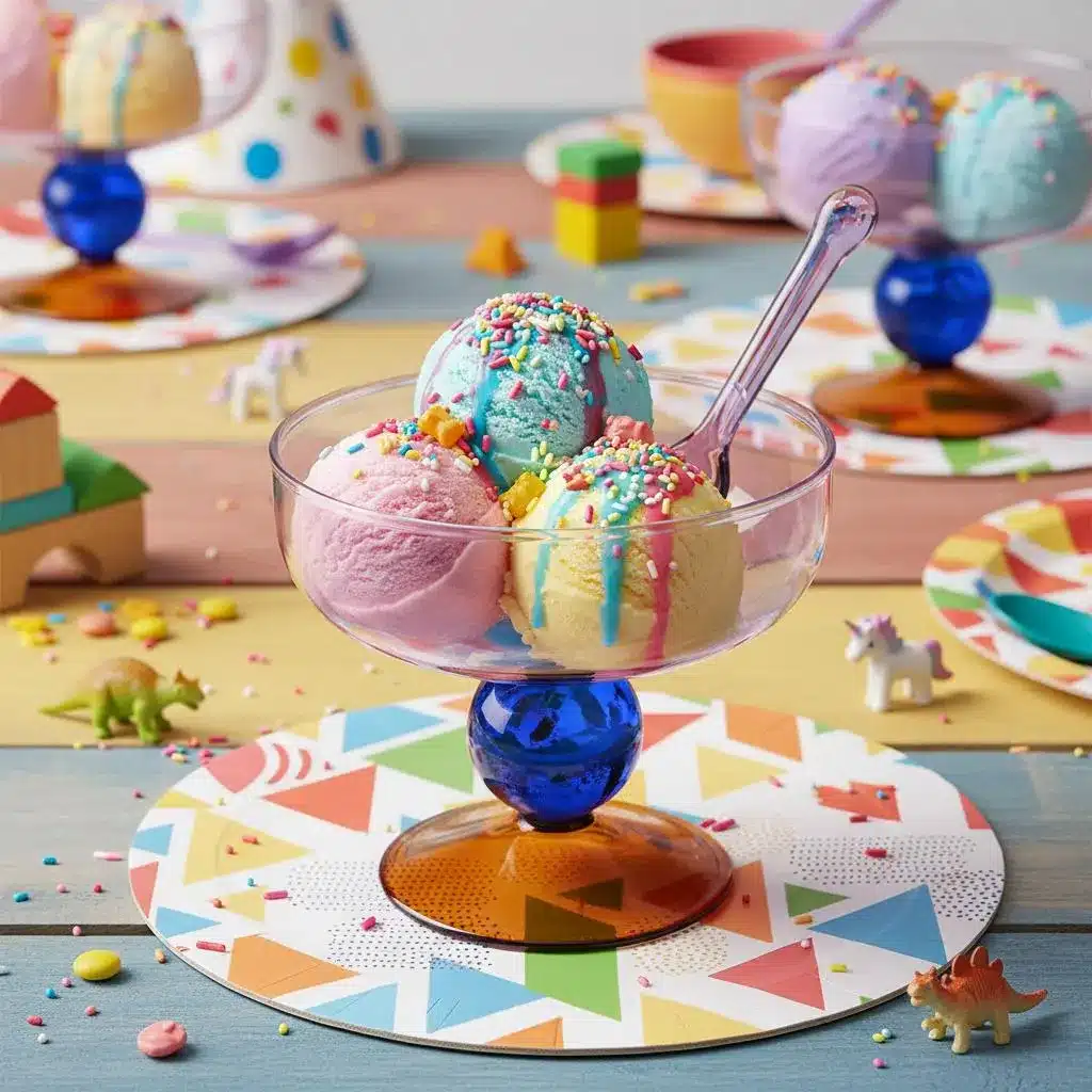 Three pastel ice cream scoops with colorful sprinkles in a glass dessert bowl on a bright party table.