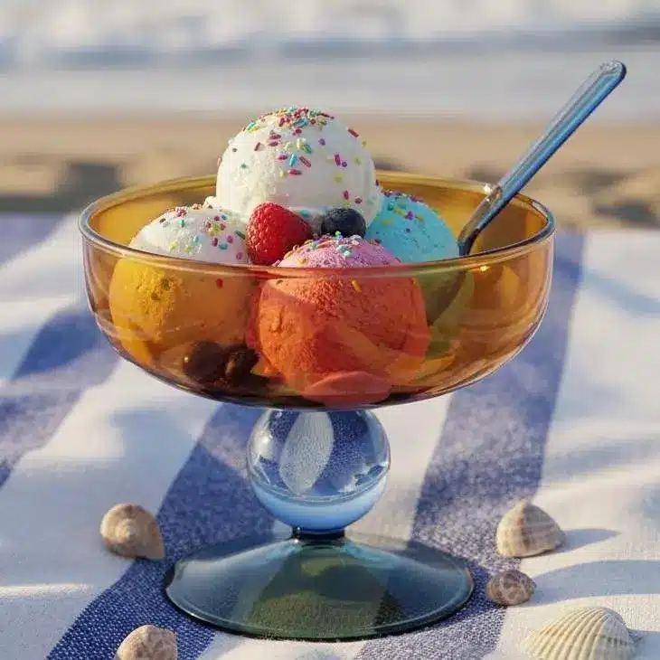 Multicolored ice cream scoops with sprinkles in a glass dessert bowl on a striped beach table, with a spoon studying nearby light.