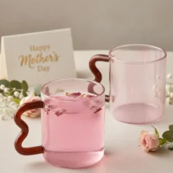 Pink Glass Mug with Wavy Handle Set of 2