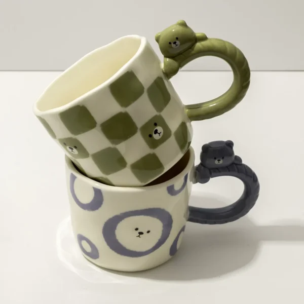Bear Handle Ceramic Mug Set - Blue & Green