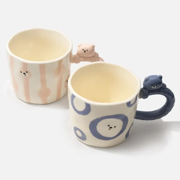 Bear Handle Ceramic Mug Set - Blue & Pink