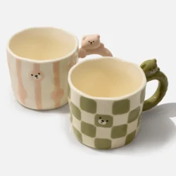 Bear Handle Ceramic Mug Set - Green & Pink