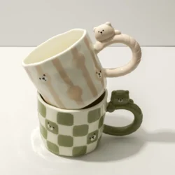Bear Handle Ceramic Mug Set - Green & Pink