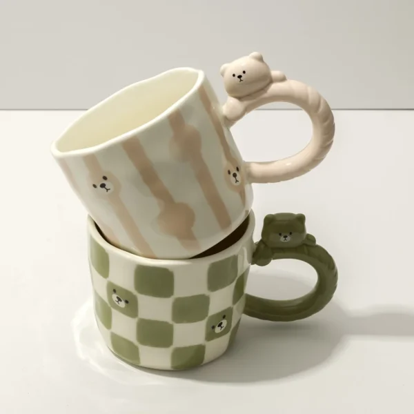 Bear Handle Ceramic Mug Set - Green & Pink