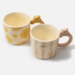 Bear Handle Ceramic Mug Set - Pink & Yellow
