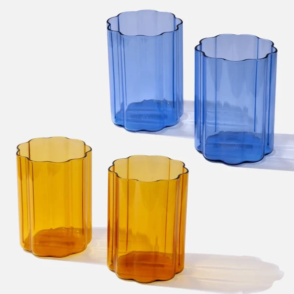 Valentine’s Ripple Glass Cup Bundle – 4 Pack Amber & Blue Glassware