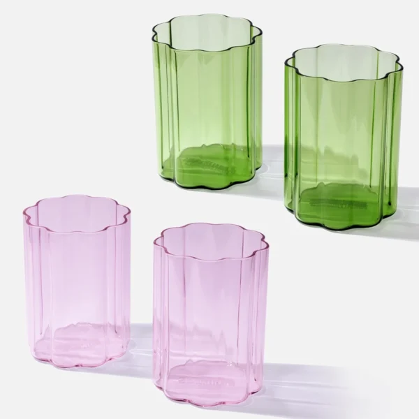 Valentine’s Ripple Glass Cup Bundle – 4 Pack Pink & Green Glassware