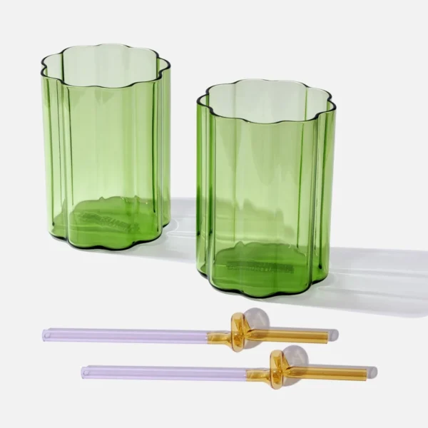 Green Ripple Glass cup x 2 with Straws