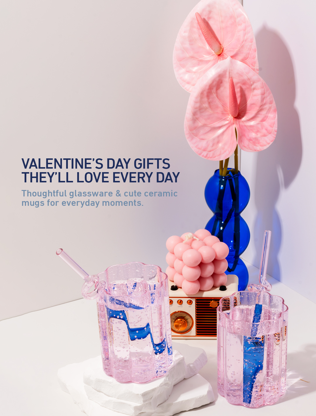 Valentine’s Day gift glassware and ceramic mugs styled for modern home decor
