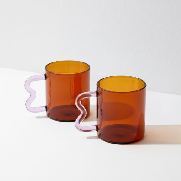 Amber Glass Mug with Wavy Handle Set of 2