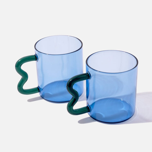 Blue Glass Mug with Wavy Handle Set of 2