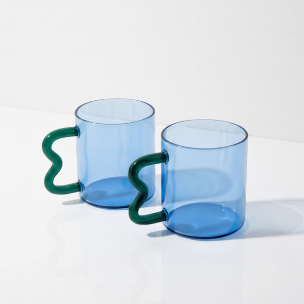 Blue Glass Mug with Wavy Handle Set of 2