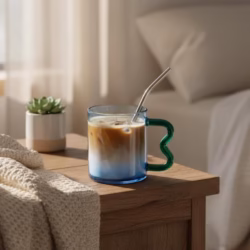 Blue Glass Mug with Wavy Handle Set of 2