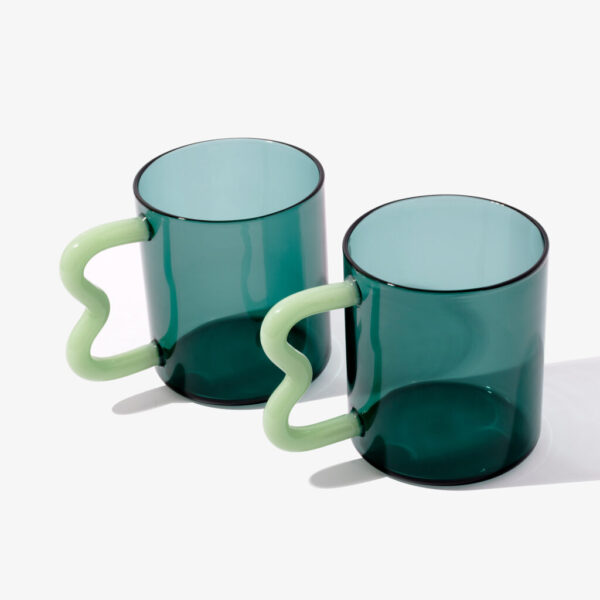 Green Glass Mug with Wavy Handle Set of 2