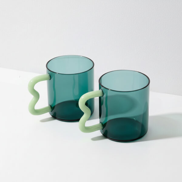 Green Glass Mug with Wavy Handle Set of 2