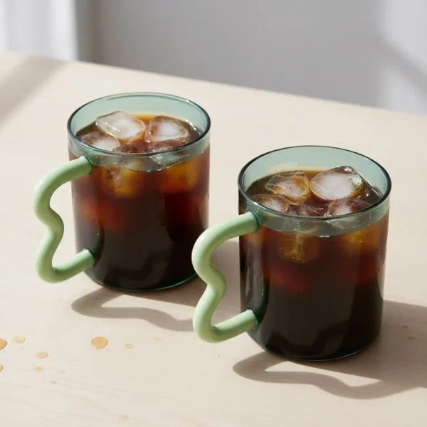 Green Glass Mug with Wavy Handle Set of 2