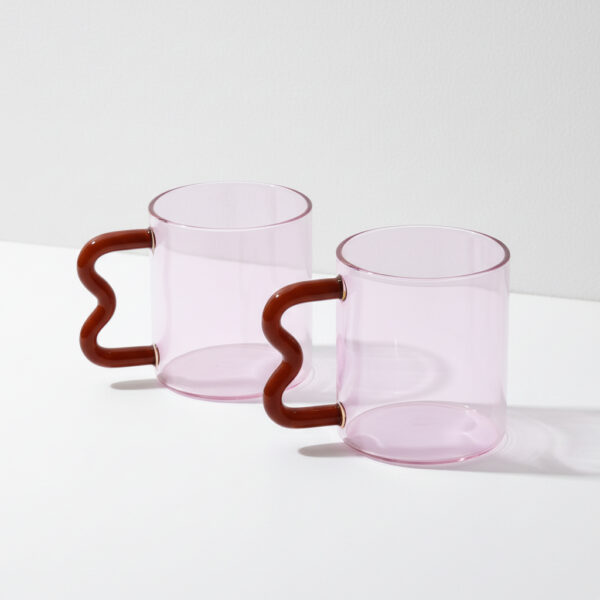 Pink Glass Mug with Wavy Handle Set of 2