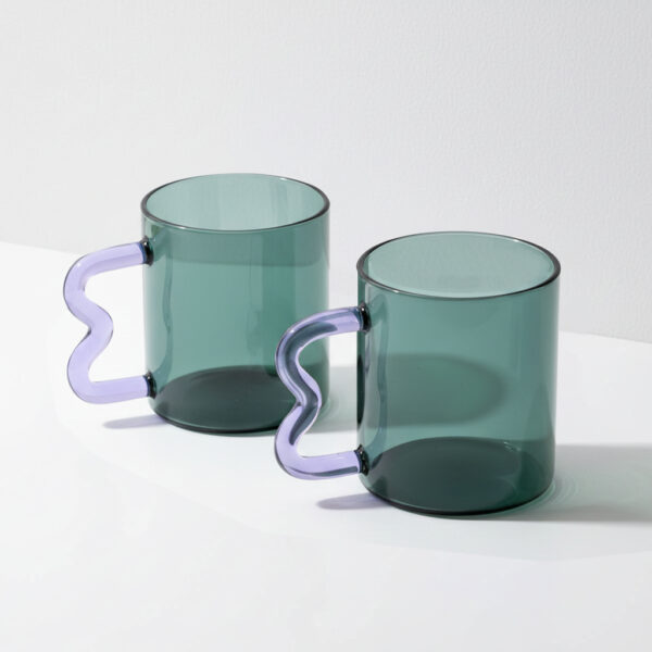Teal Glass Mug with Wavy Handle Set x 2