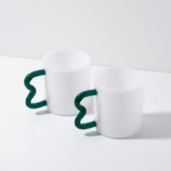 White Glass Mug with Wavy Handle Set of 2