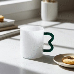 White Glass Mug with Wavy Handle Set of 2