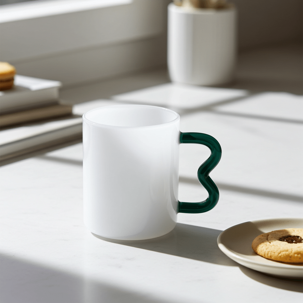 White Glass Mug with Wavy Handle Set of 2