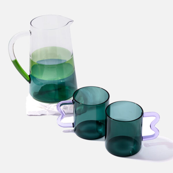 Two-Tone Glass Pitcher and Wavy Handle Mugs